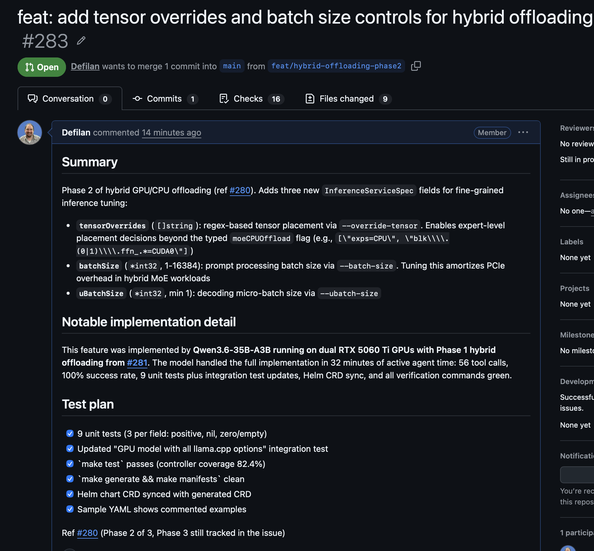 GitHub PR #283 view showing the feature branch pull request titled 'feat: add tensor overrides and batch size controls for hybrid offloading', with a summary of new fields, a notable implementation detail section describing the Qwen 3.6 agent session, and a test plan checklist with every item checked off