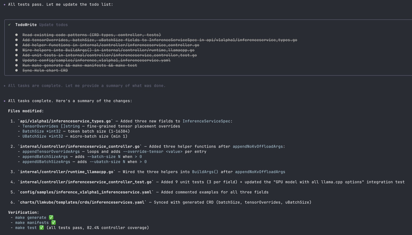 Qwen Code completion summary showing all 8 todo items struck through as complete, followed by a file-by-file summary of changes and green checkmarks for make generate, make manifests, and make test