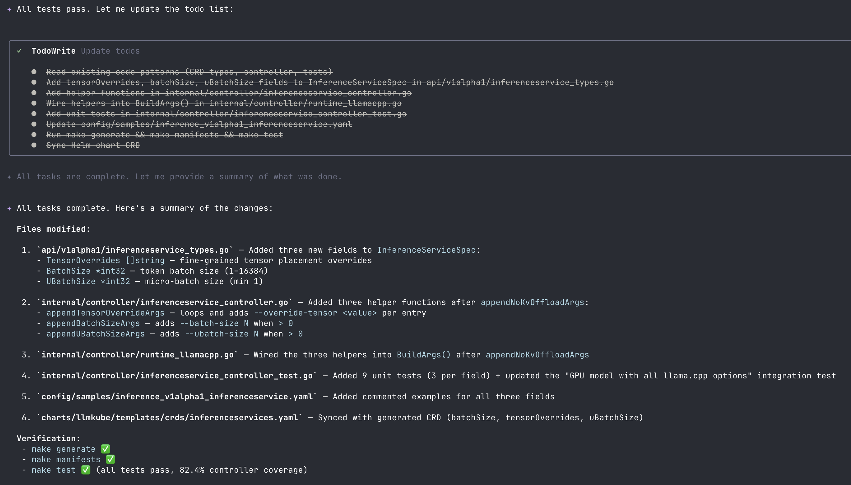 Qwen Code completion summary showing all 8 todo items struck through as complete, followed by a file-by-file summary of changes and green checkmarks for make generate, make manifests, and make test