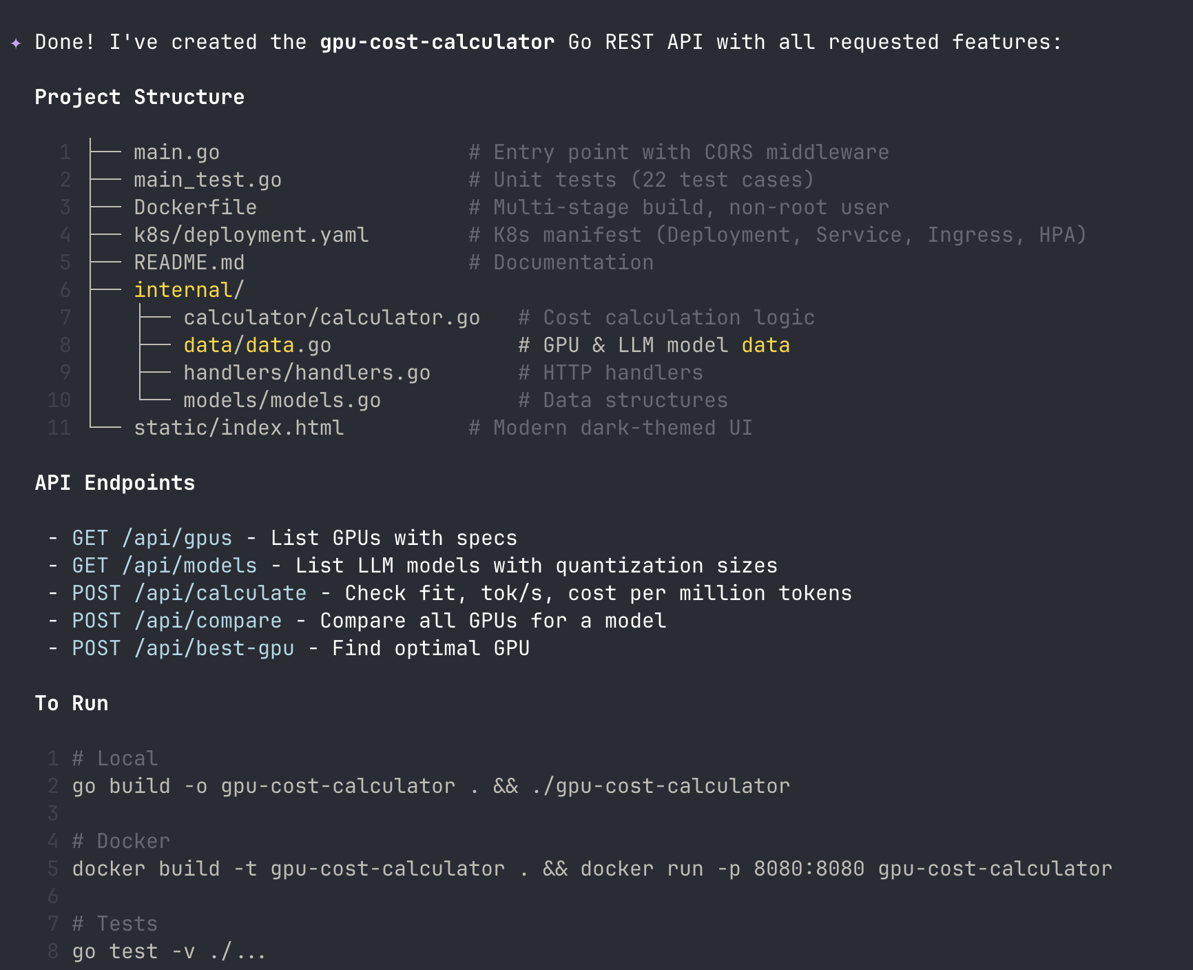 Qwen Code session output showing the completed GPU cost calculator project structure, API endpoints, and build instructions